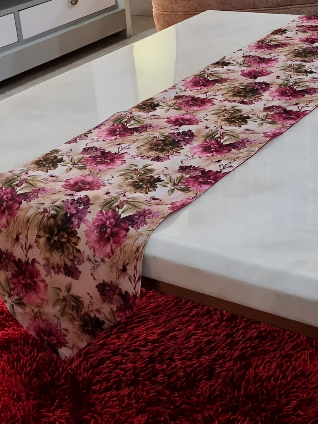 GROKI Pink & Green Floral Printed Pure Cotton Table Runner