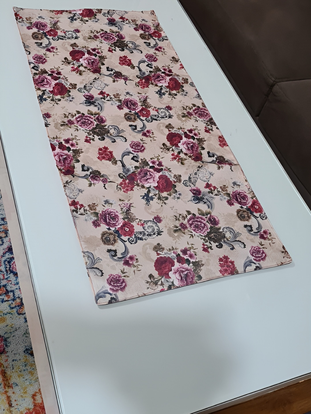 GROKI Brown & Maroon Floral Printed  Cotton Table Runner
