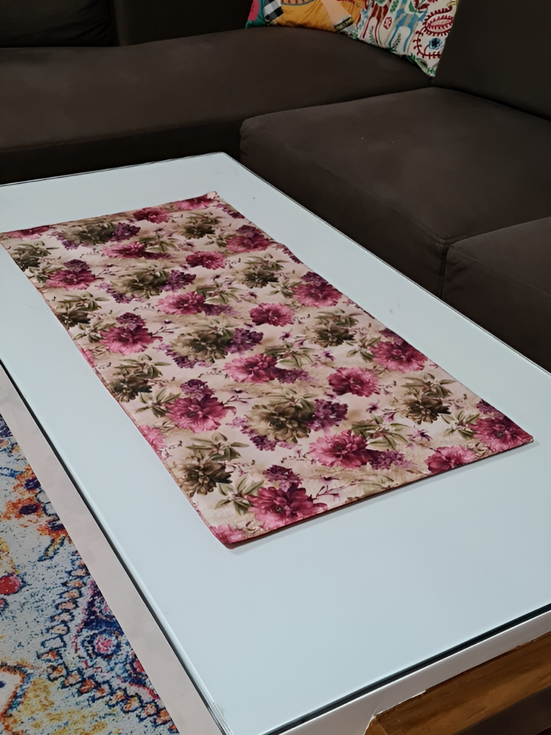 GROKI Pink & Green Floral Printed Pure Cotton Table Runner