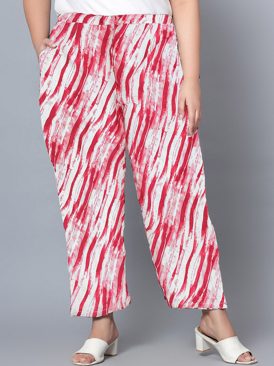 Indietoga Women Plus Size Red & White Abstract Print Parallel Trousers with Pockets