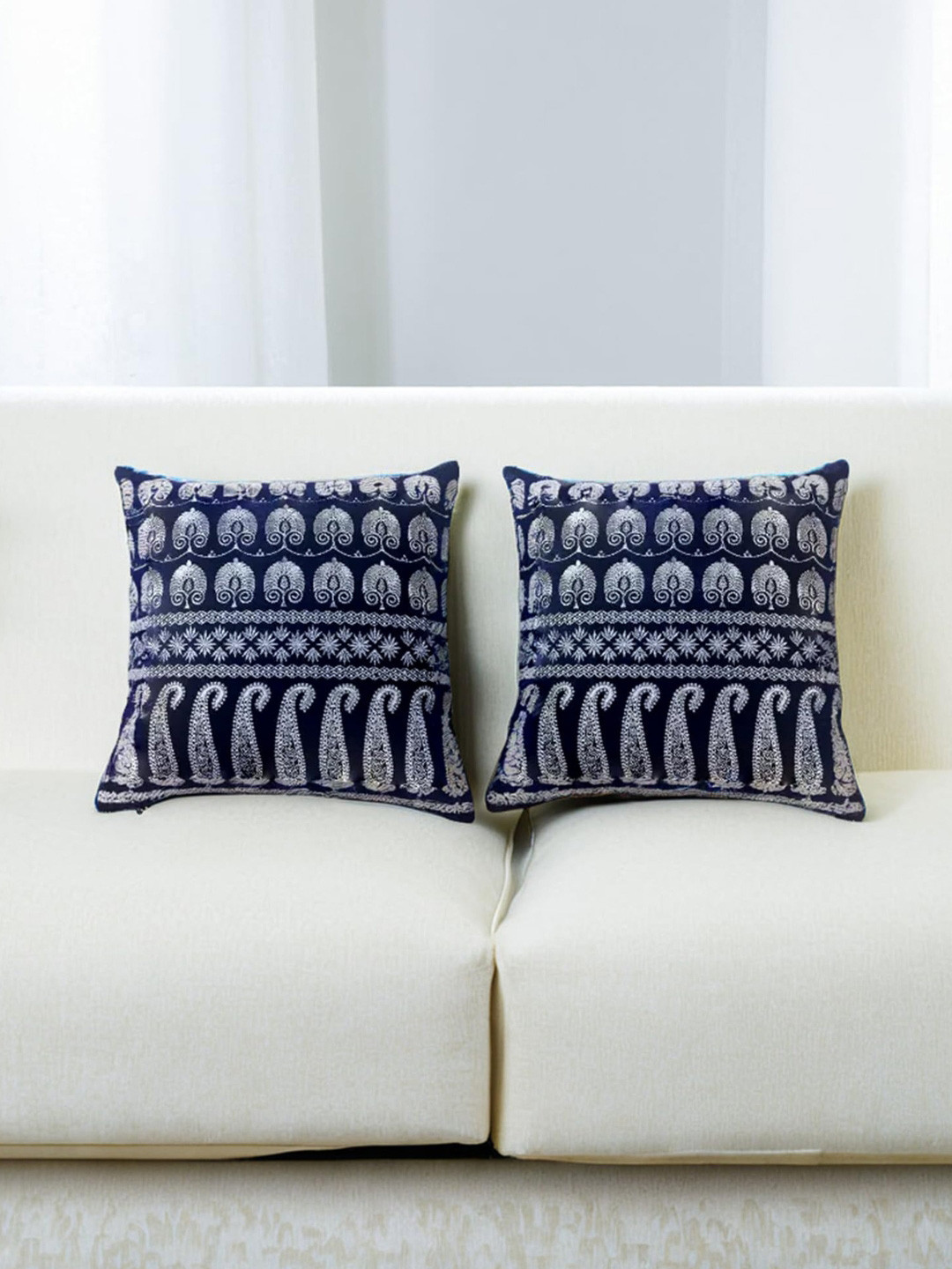 Decoghar Paisley Polyester Washable 2 Pcs Embroidered Square Cushion Covers -18x18In