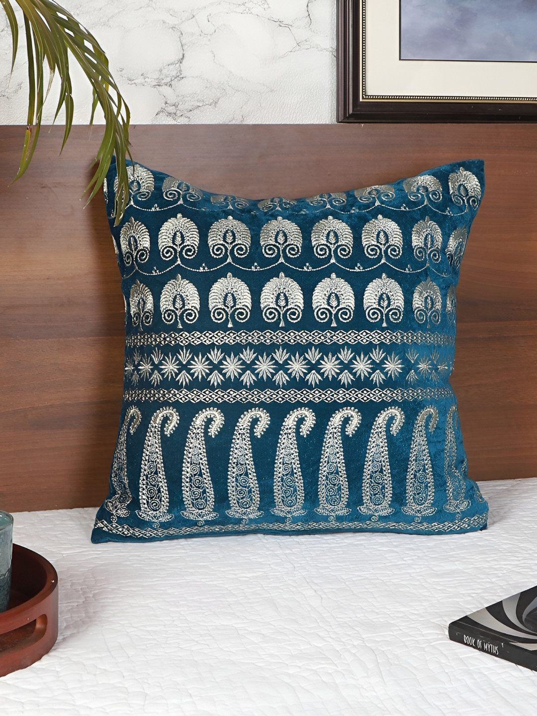 Decoghar Turquoise Blue Polyester Washable Embroidered Square Cushion Cover -18x18In