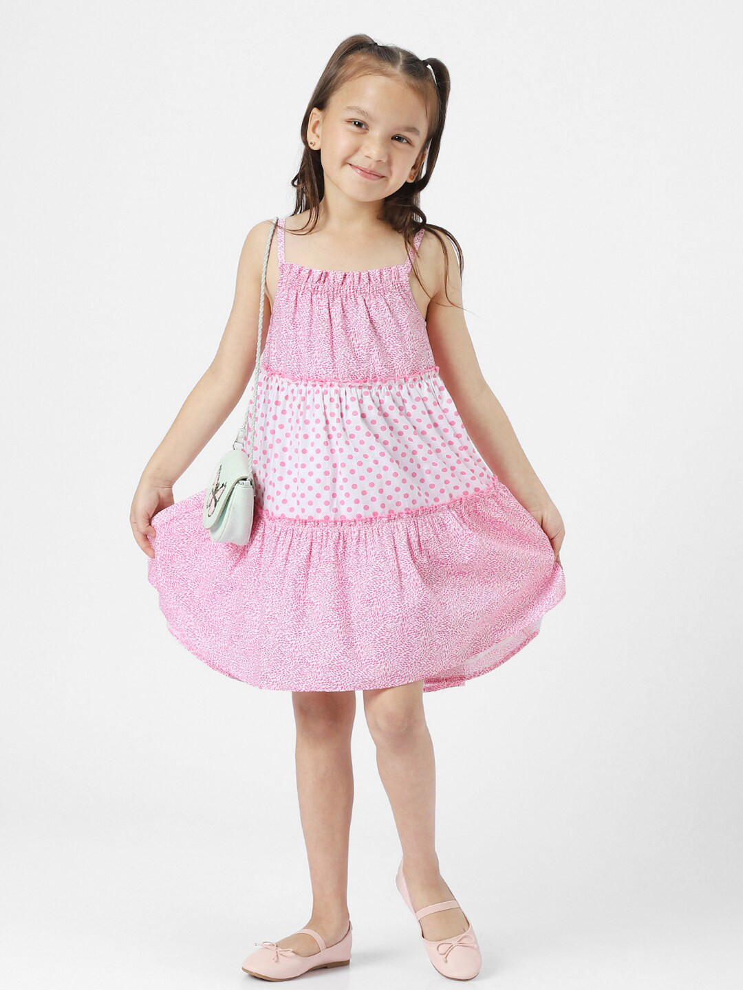 Nauti Nati Girls Abstract Ptinted Shoulder Straps Gathered Pure Cotton A-Line Dress