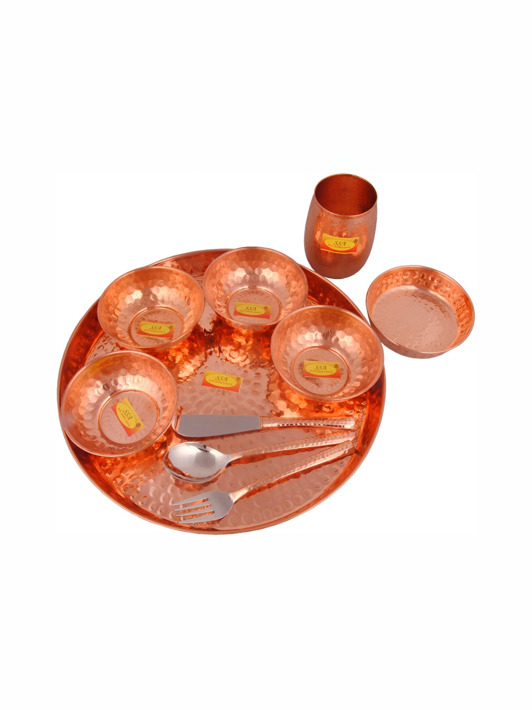 Shivshakti Arts 100% Pure Copper Hammered Designer Solid 10 Piece Dinner Set