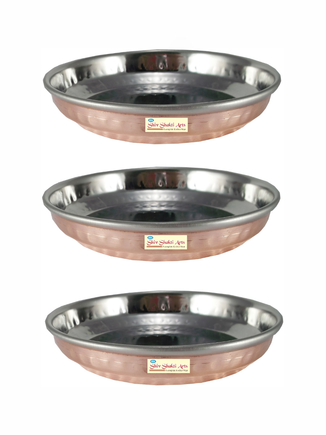 Shivshakti Arts Brown & Silver-Toned 3 Pieces Copper Rice Pudding Dinner Set