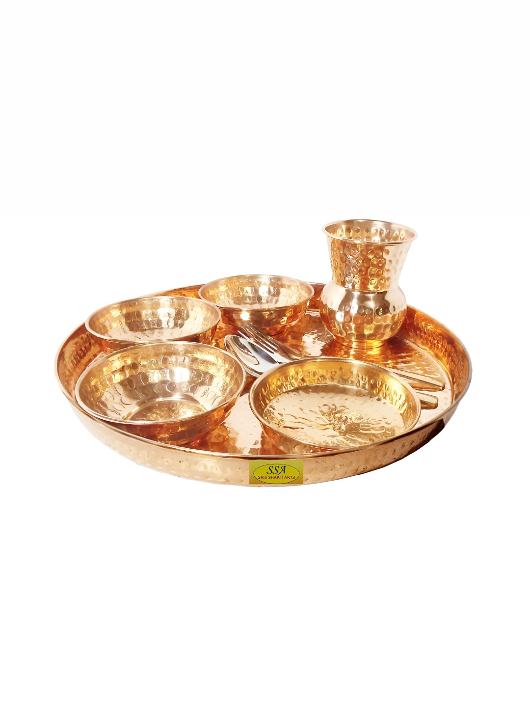Shivshakti Arts Hammered Designed Brown Solid Copper Easy to Clean 8 Piece Dinner Set