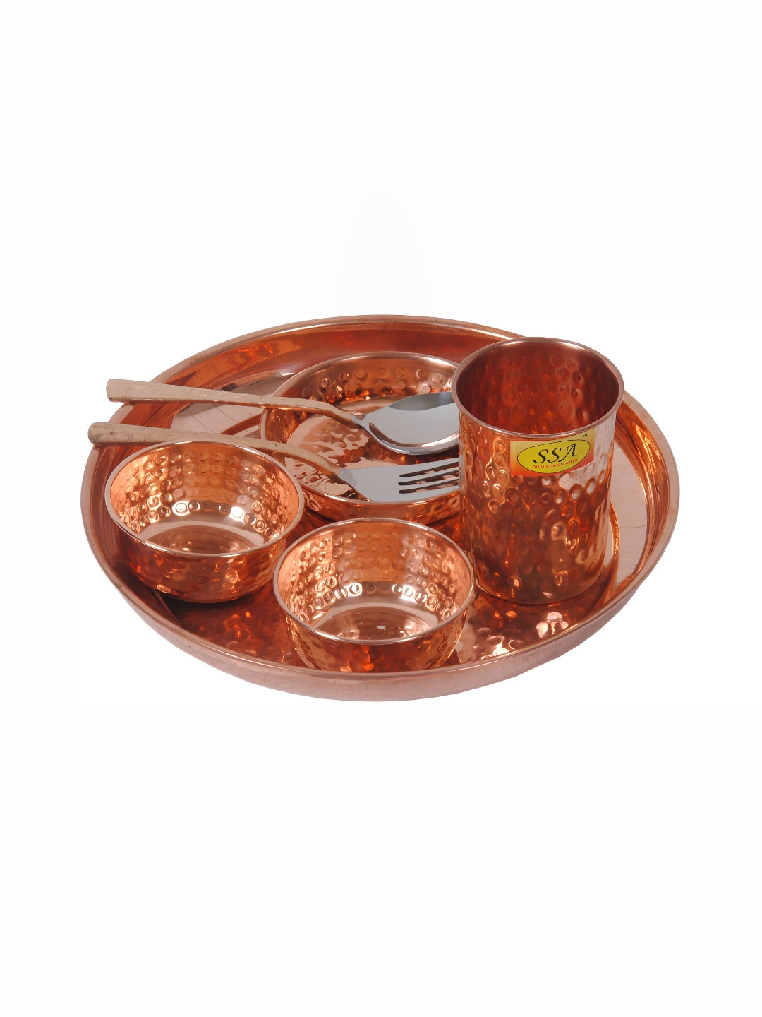 Shivshakti Arts Hammered Traditional Design Brown Solid Copper 7 Piece Dinner Set