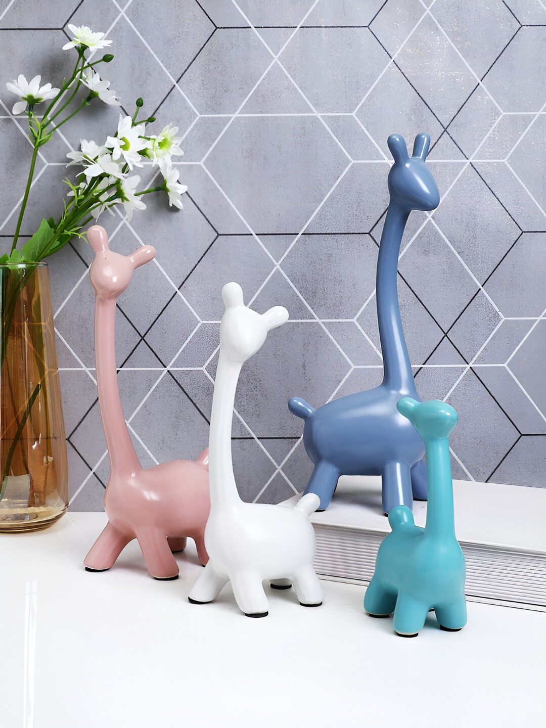 TAYHAA Graceful Giraffe White Ceramic Glossy Living Room Set of 4 Medium Showpieces - 4.7 Inches