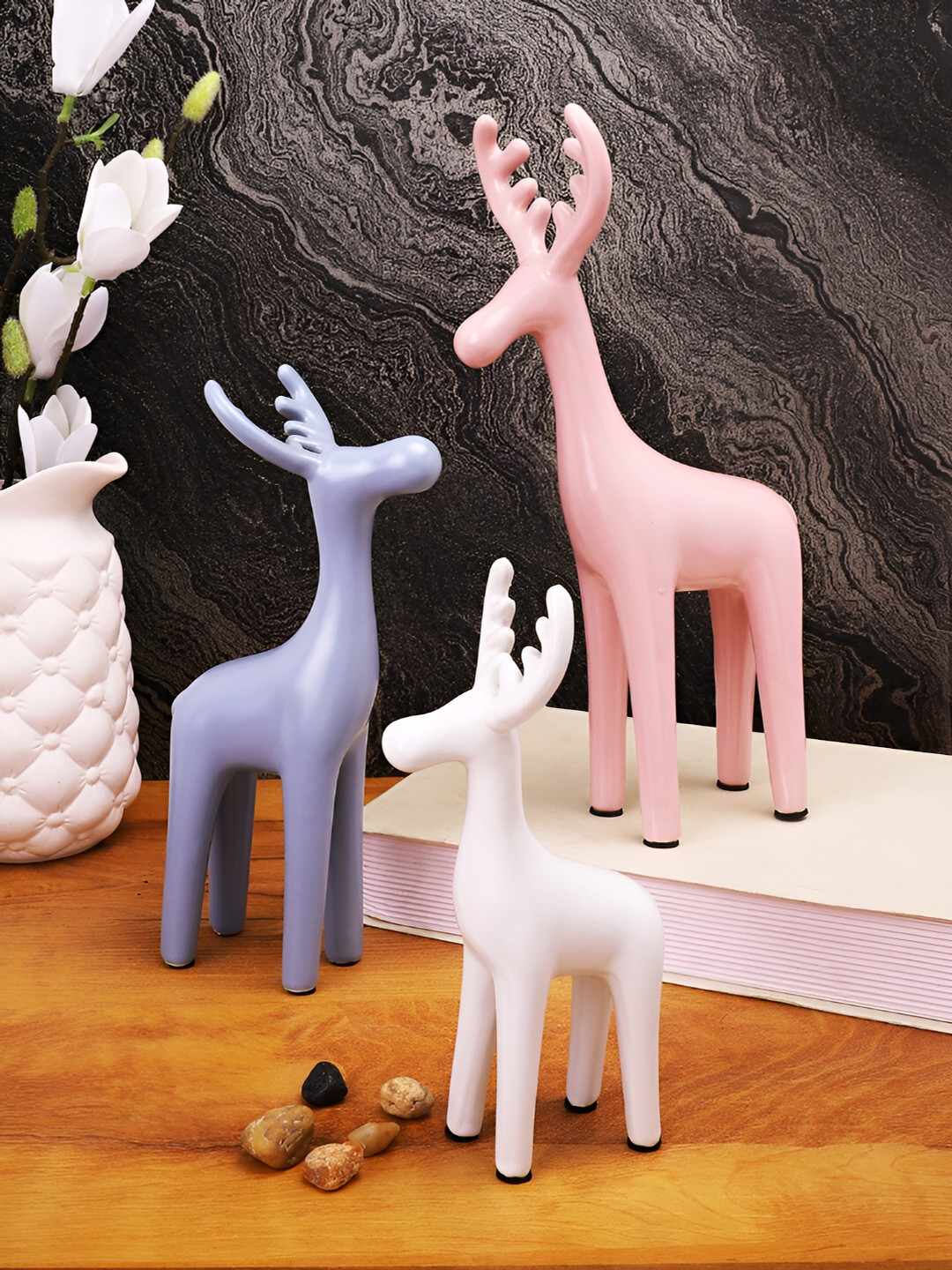 TAYHAA Reindeer Peach Ceramic Matte Living Room Set of 3 Medium Showpieces - 5.7 Inches