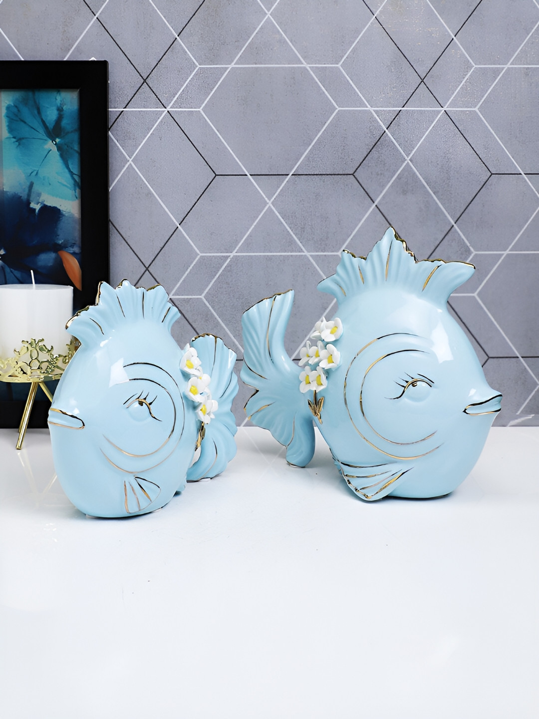 TAYHAA Azure Fish Pair: Coastal Charm Set Blue Ceramic Glossy Living Room Set of 2 Small Showpieces - 10 Inches