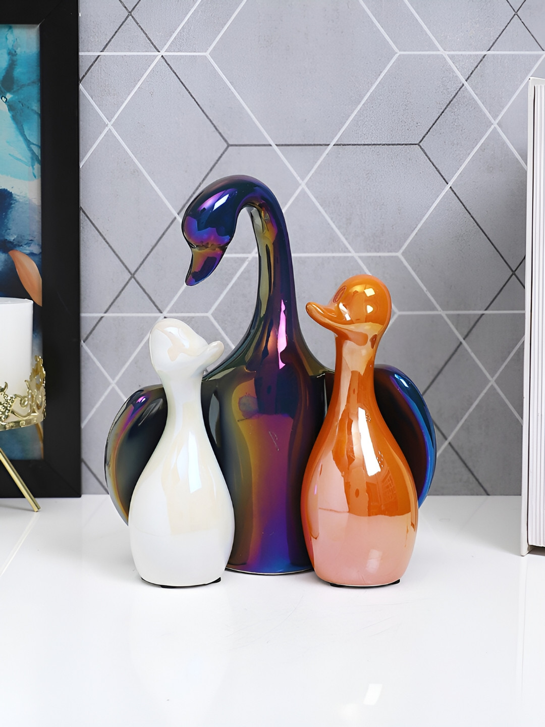 TAYHAA Duck Trio White Ceramic Glossy Living Room Set of 3 Medium Showpieces - 2.6 Inches