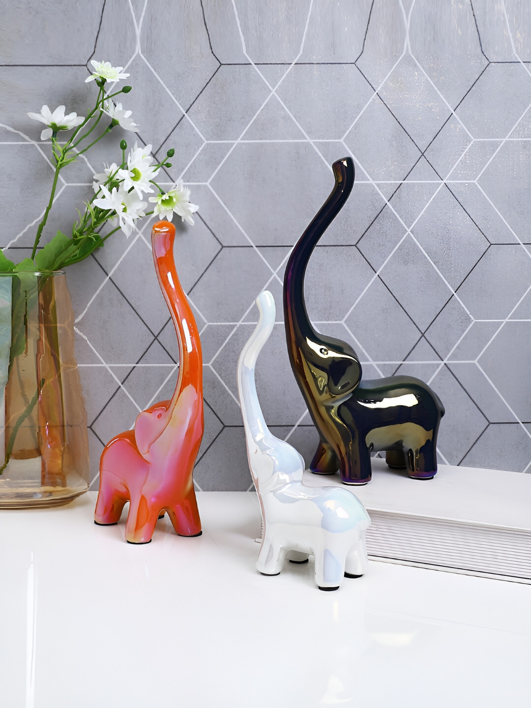 TAYHAA Baby Elephants White Ceramic Glossy Living Room Set of 3 Medium Showpieces - 6.1 Inches