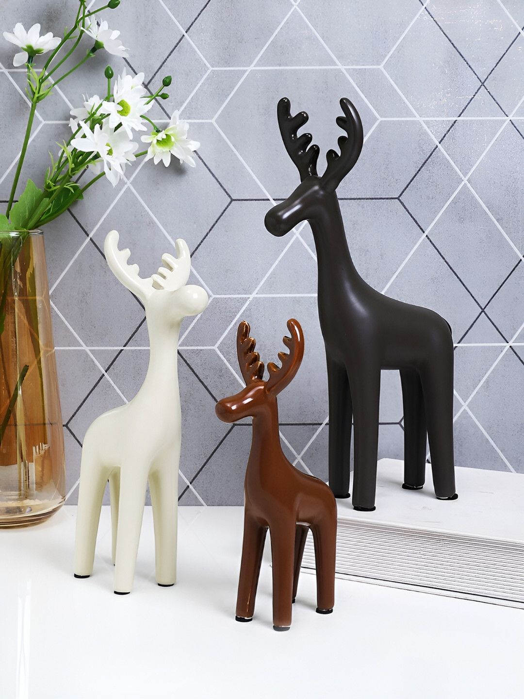 TAYHAA Reindeer Cream Ceramic Matte Living Room Set of 3 Medium Showpieces - 5.7 Inches