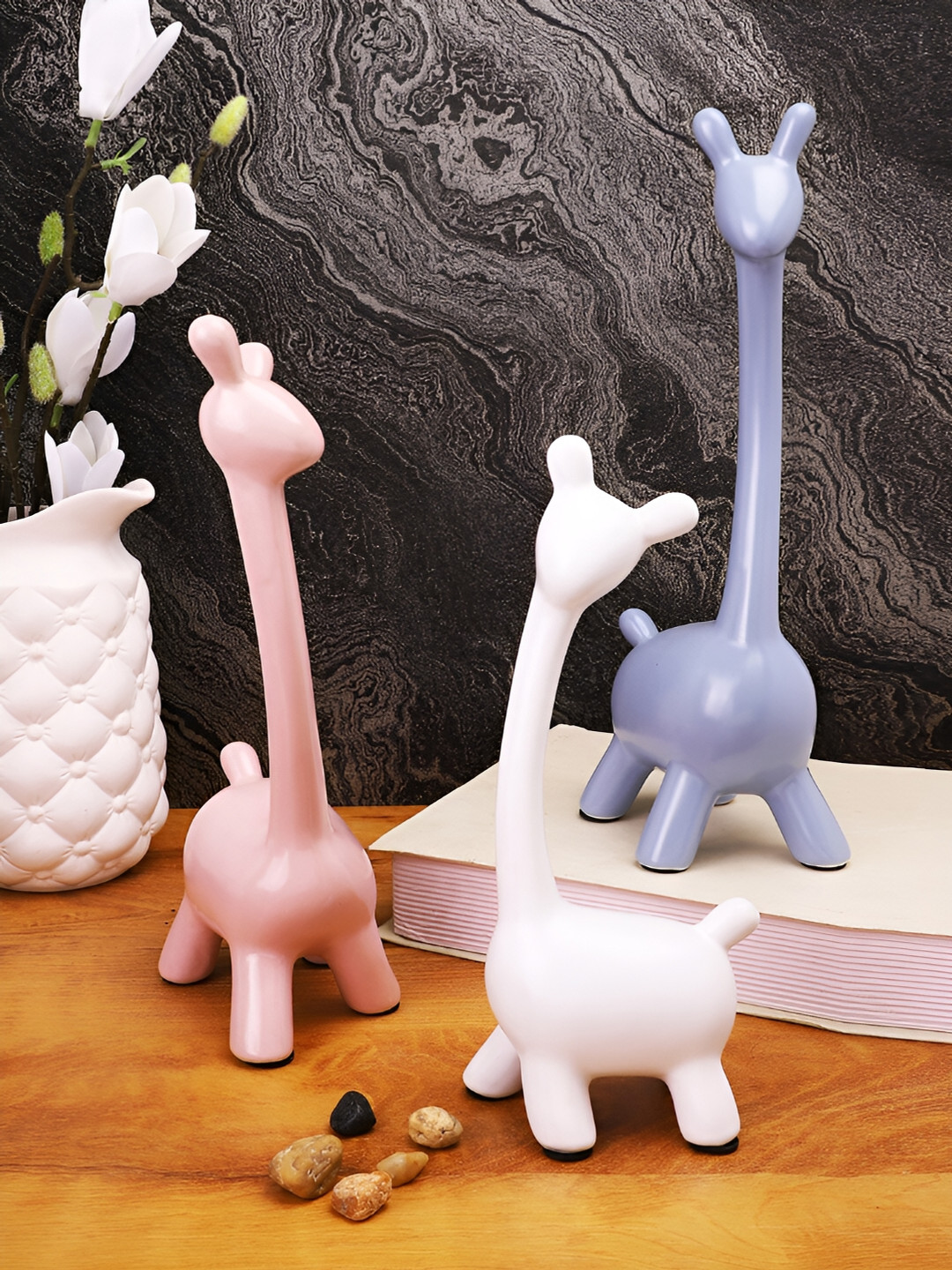 TAYHAA Giraffe White Ceramic Glossy Living Room Set of 3 Medium Showpieces - 4.7 Inches