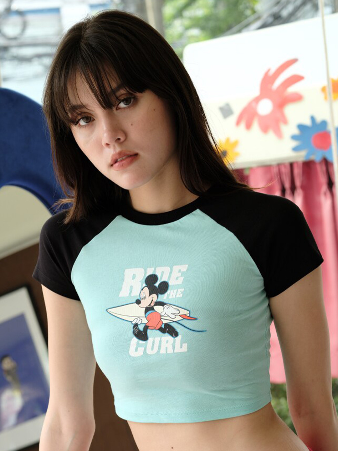 Bonkers Corner Mickey Mouse Printed Fitted Cotton Crop Top