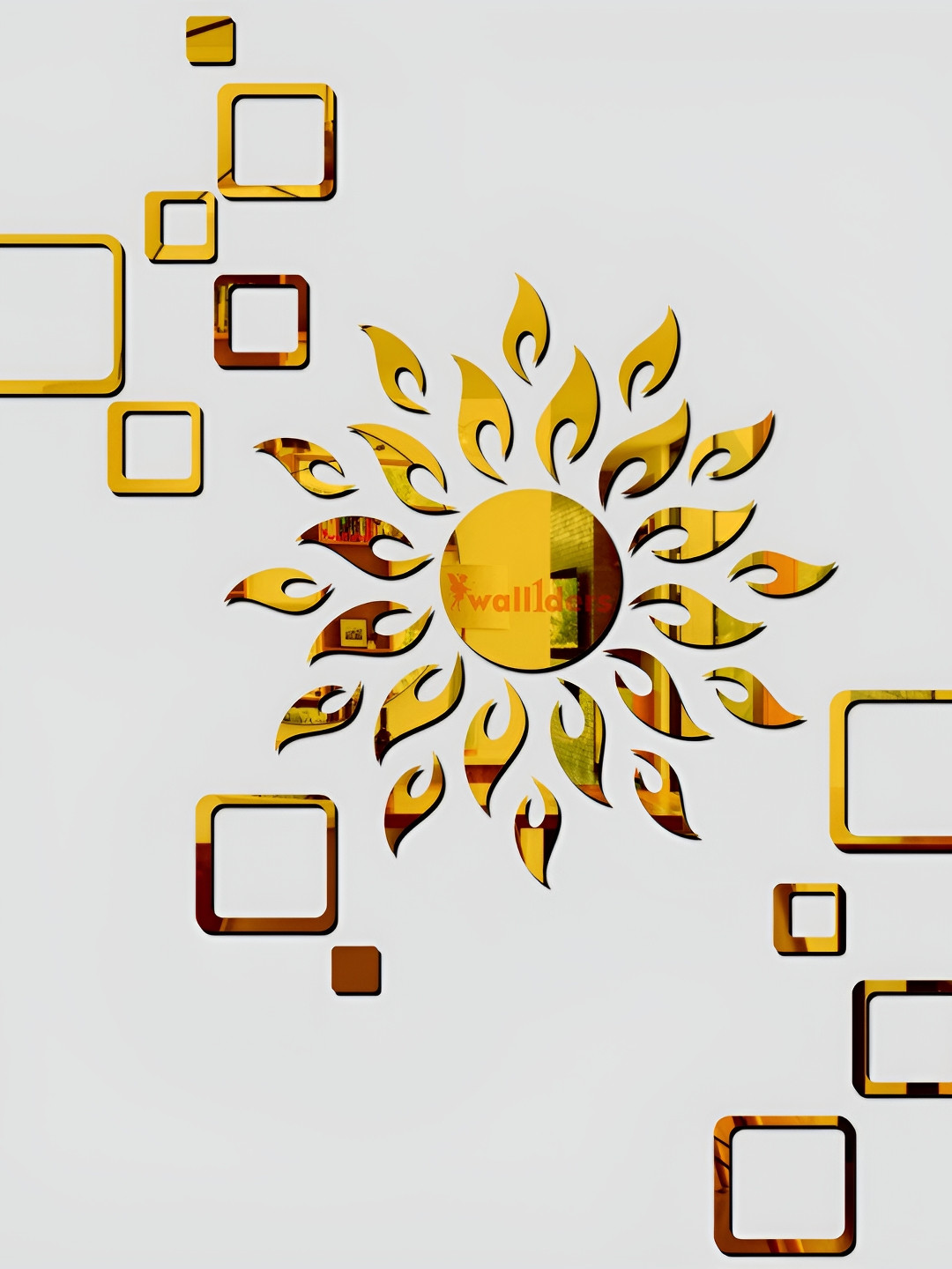Wall1ders Gold Toned Sun With 12 Pieces Square Acrylic Mirror Wall Stickers