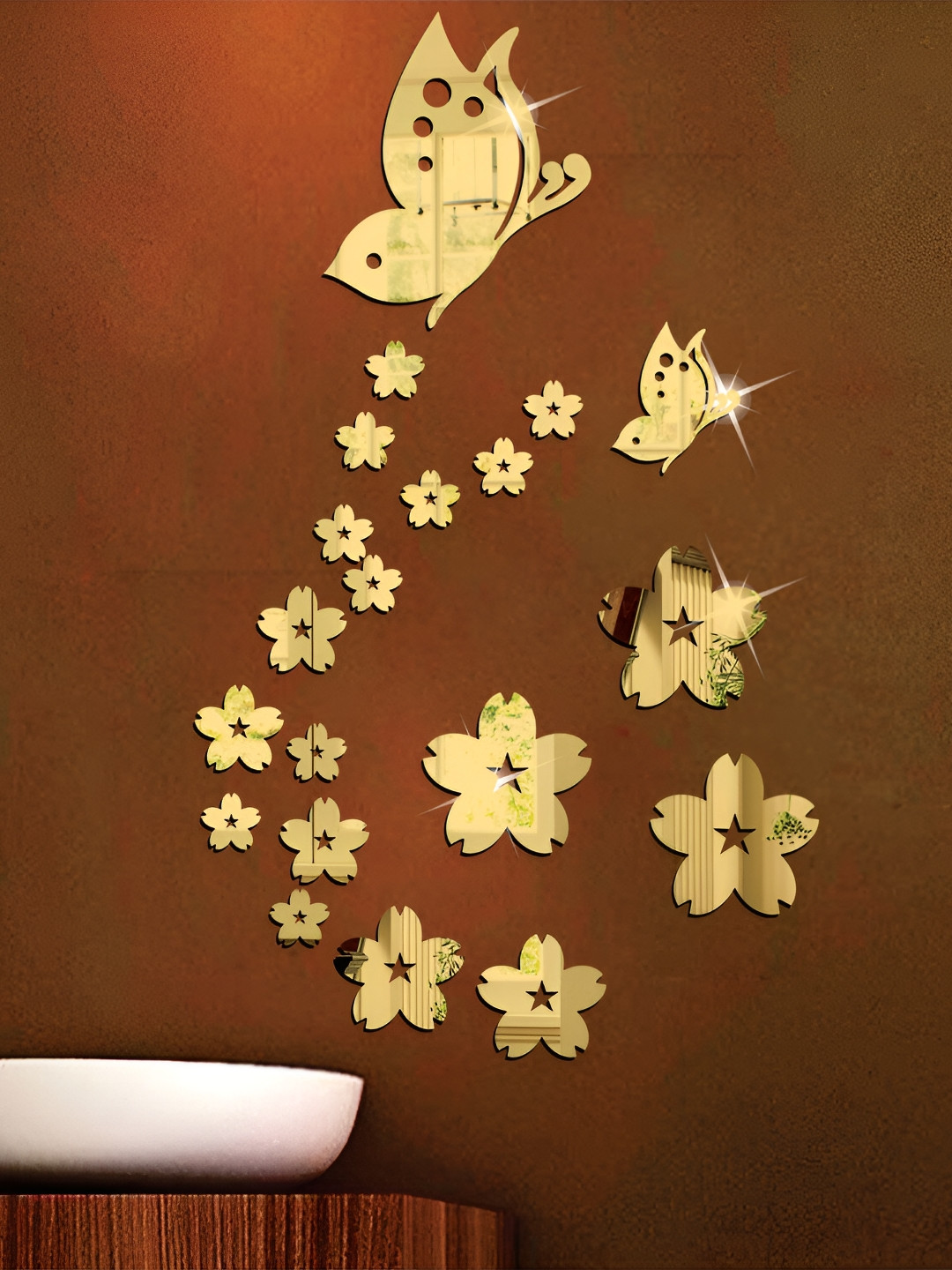 Wall1ders Gold Toned 21 Pieces Butterfly & Flowers 3D Acrylic Mirror Wall Stickers