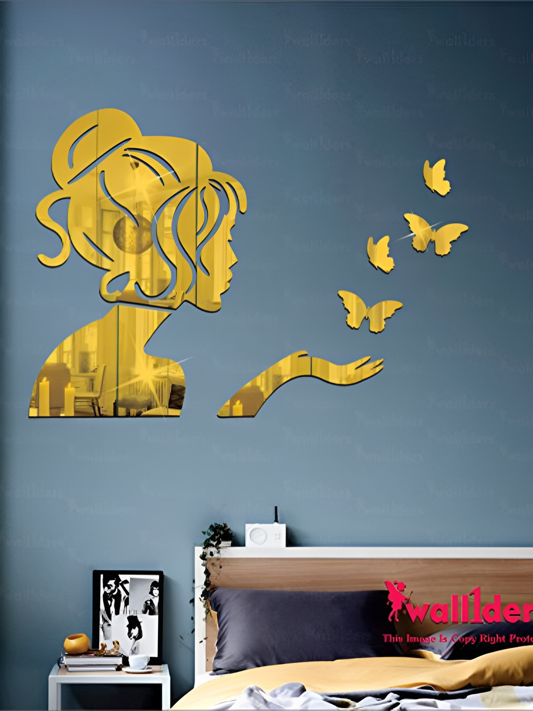 Wall1ders Gold Toned 5 Pieces Angel & 3D Butterflies Yellow Acrylic Mirror Wall Sticker