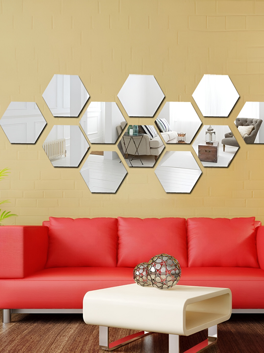 Wall1ders Silver Toned 12 Pieces Hexagon-shaped Acrylic Mirror Wall Stickers