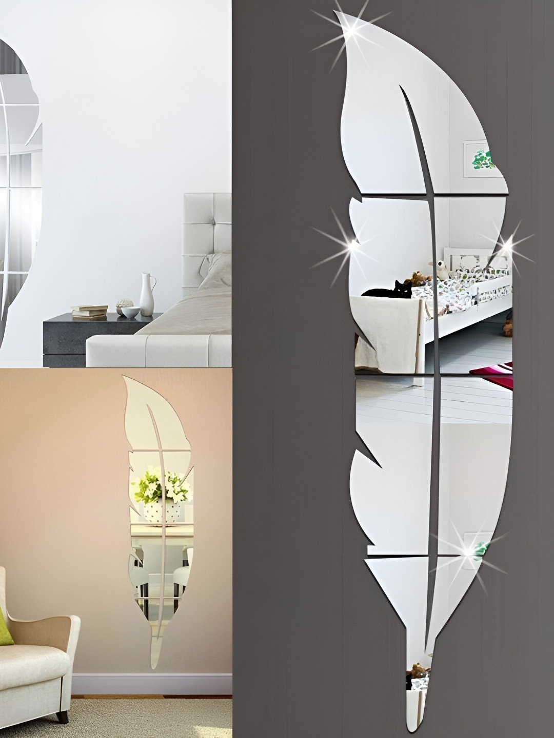 Wall1ders Silver Toned 3D Plume Feather Acrylic Mirror Wall Sticker