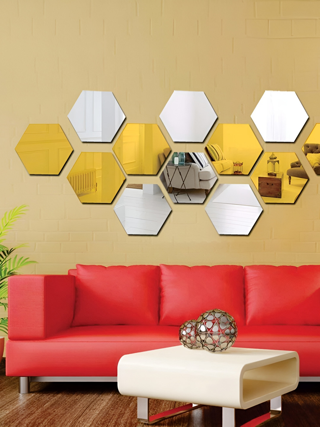 Wall1ders 11 Pieces Gold & Silver Toned Hexagon Mirror Wall Stickers