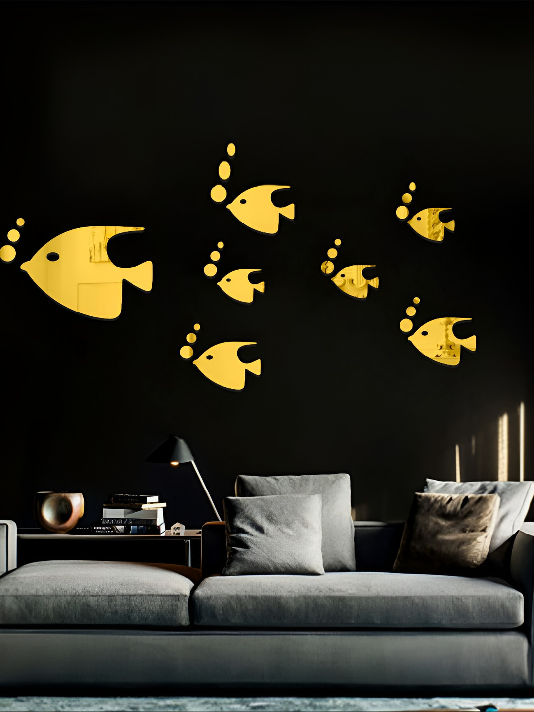 Wall1ders 28 Pieces Gold Toned Fishes With Dots Mirror Wall Stickers