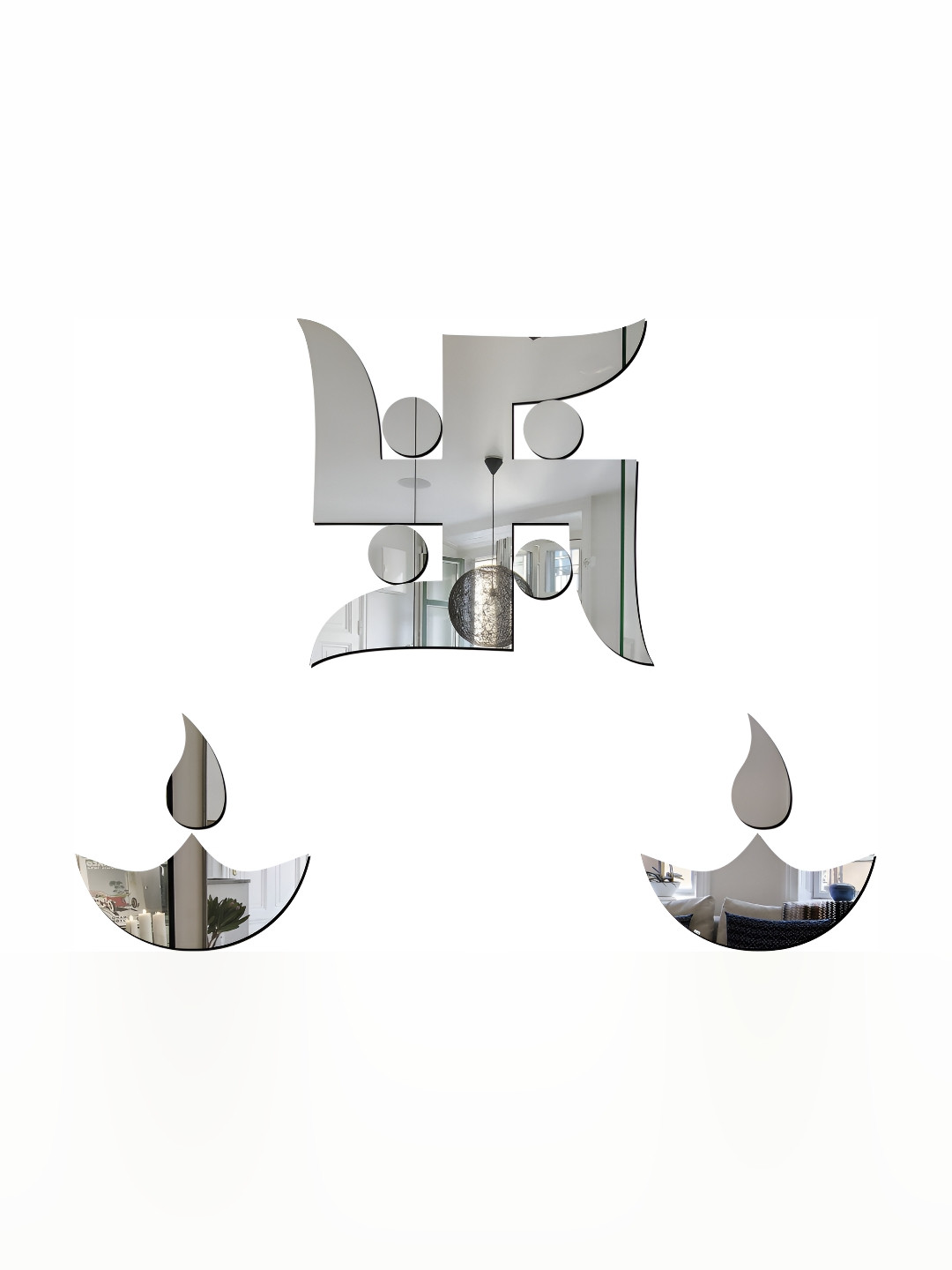 Wall1ders 3 Pieces Silver Toned Swastik With Diya Mirror Wall Stickers
