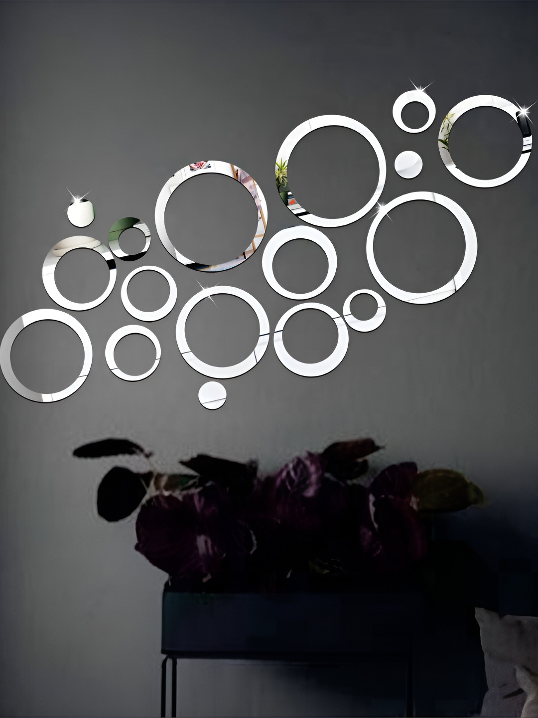 Wall1ders 17 Pieces Silver Toned Round Mirror Wall Stickers