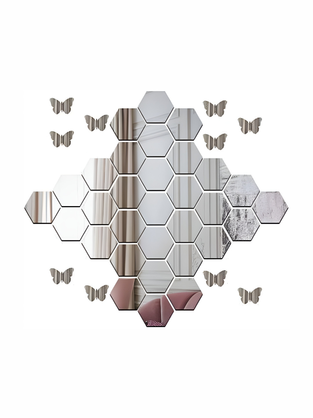 Wall1ders Silver Toned 40 Pcs Hexagon-shaped & Butterflies-shaped Mirror Wall Stickers