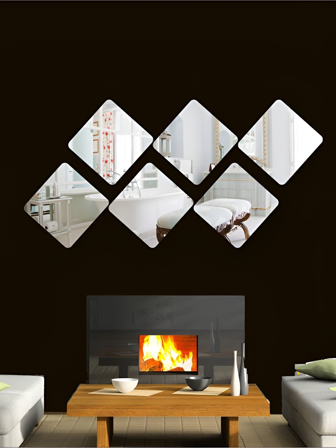 Wall1ders 6 Pieces Silver Toned Diamond Shaped Mirror Wall Stickers