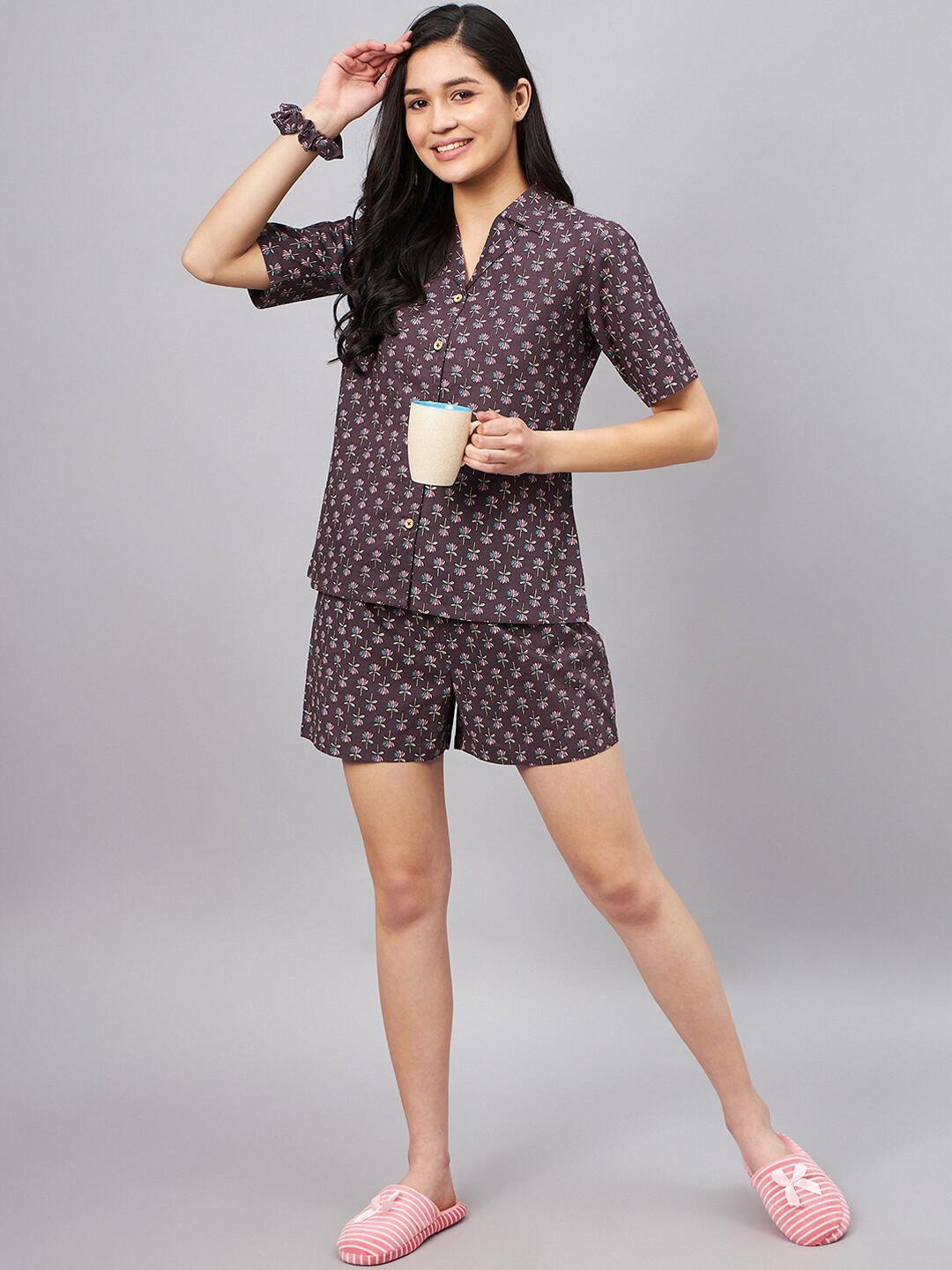 WineRed Floral Printed Lapel Collar Pure Cotton Shirt & Shorts With Scrunchie