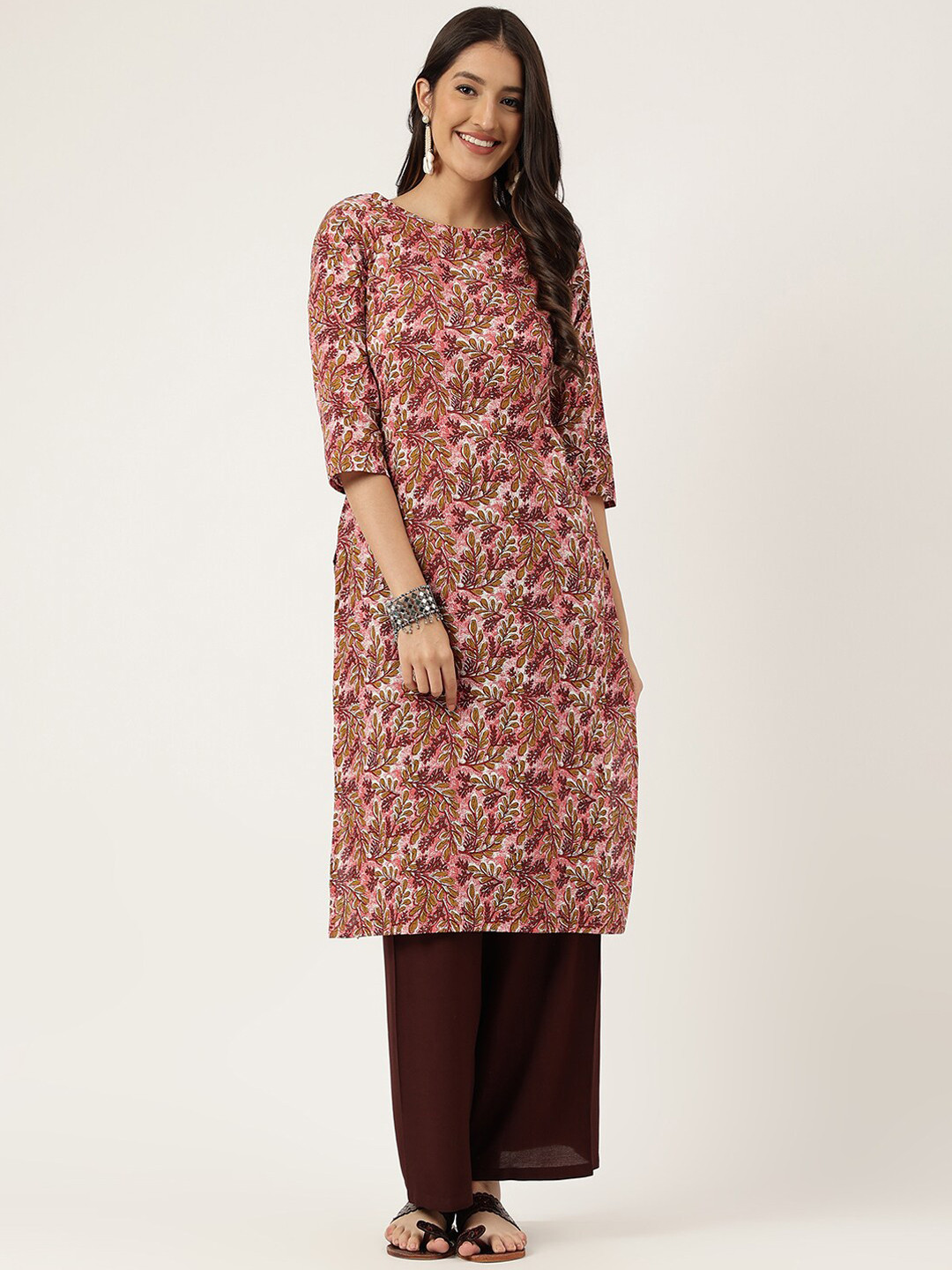 Cora Floral Printed Round Neck Cotton Straight Kurta