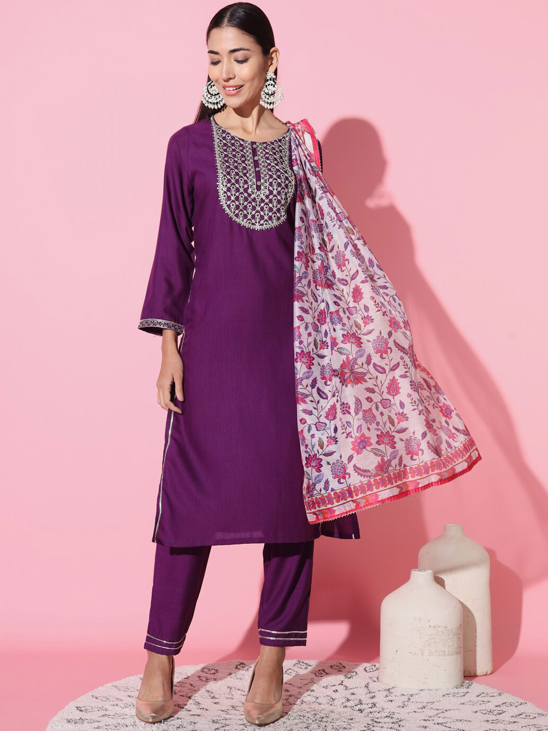 THE52 Embroidered Work Straight Kurta With Trouser and Dupatta