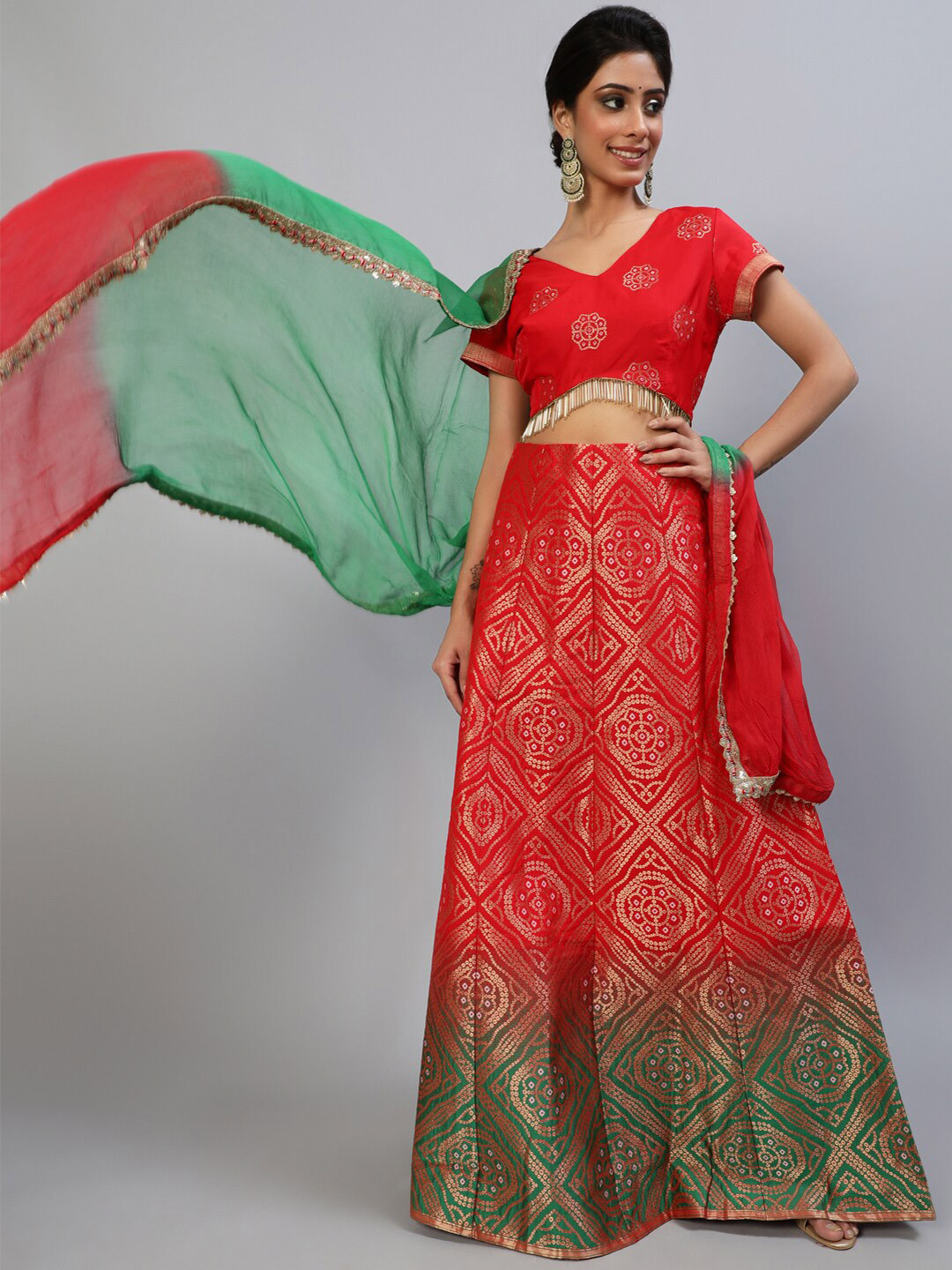 AKS Red Woven Design Ready to Wear Lehenga & Blouse With Dupatta