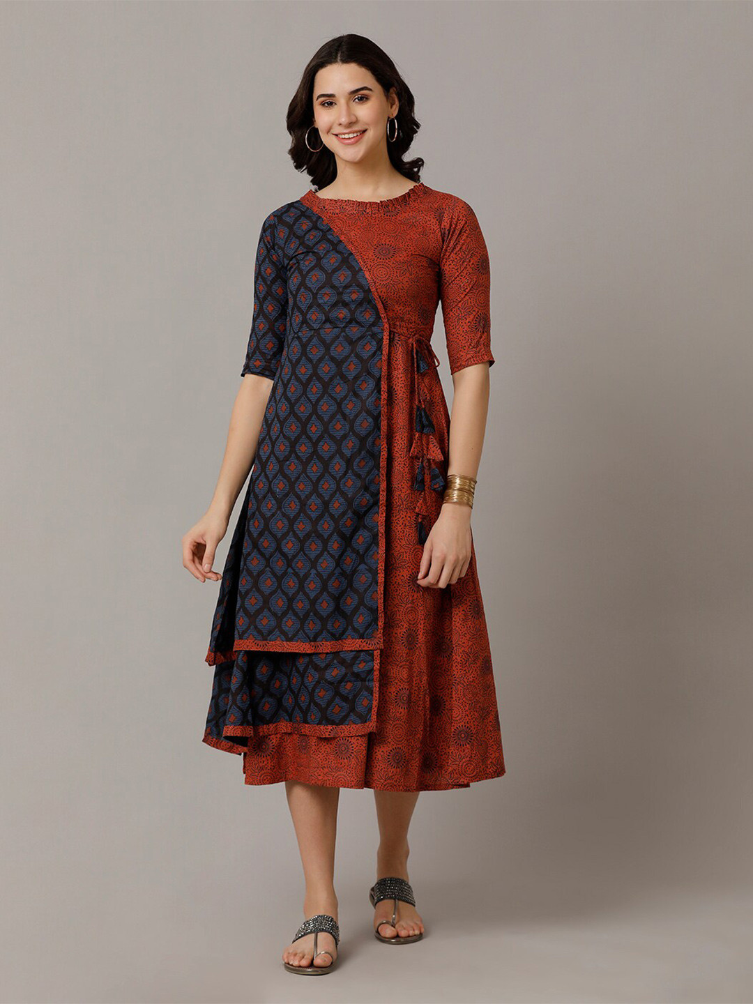 NAYRA Ethnic Motifs Printed A-Line Cotton Midi Dress