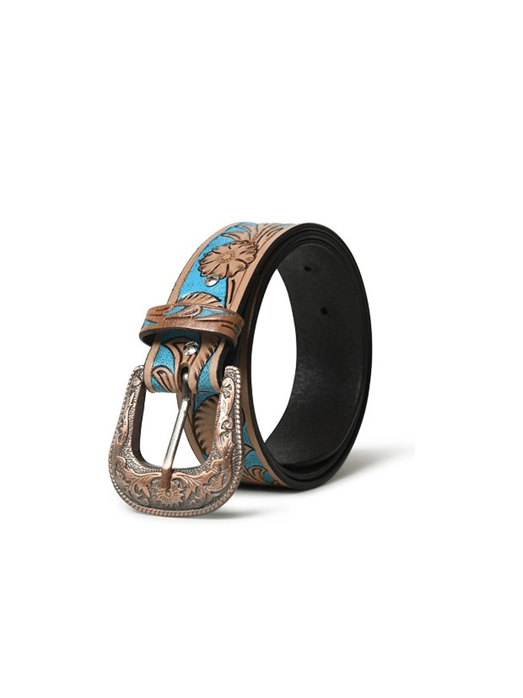 MaheTri Men Western Cowboy Blue & Brown Leather Belt