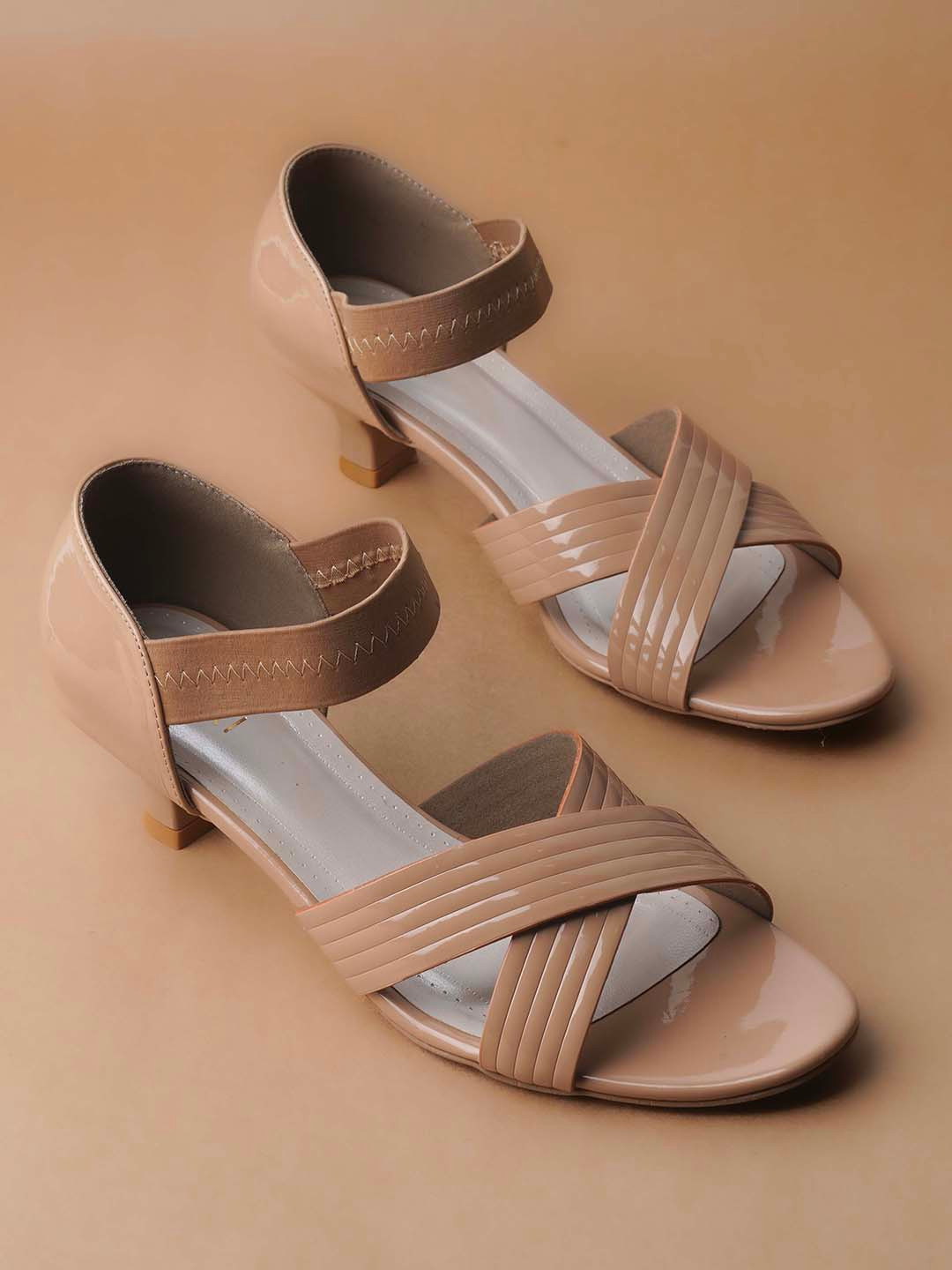 Ozuri Striped Cross Strap Open Toe Closed Back Kitten Heels