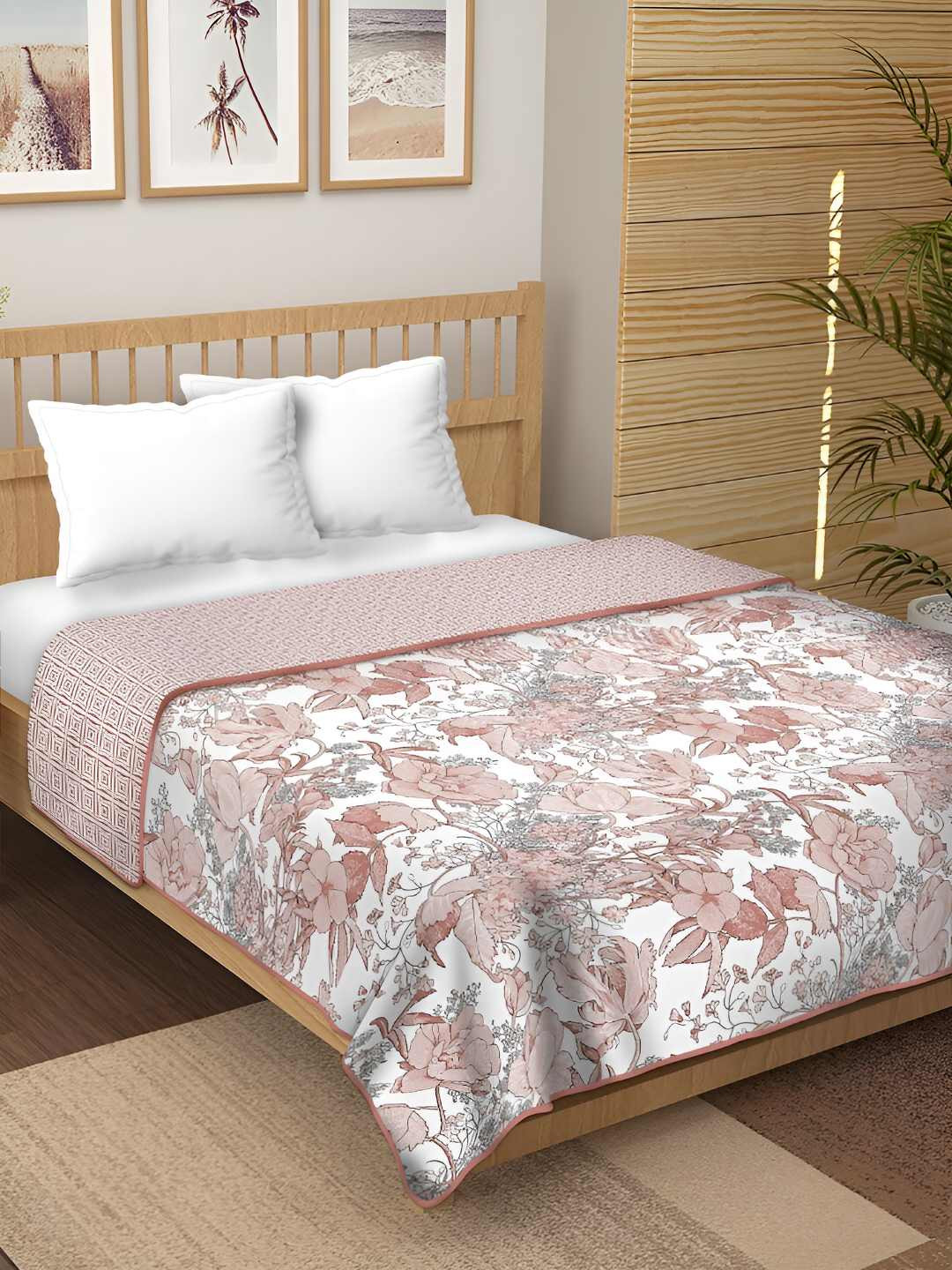 tundwal's Peach & White Floral Printed Cotton AC Room 210 GSM Double Bed Dohar