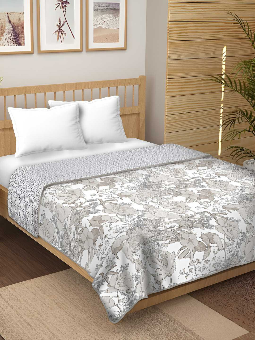tundwal's Taupe & White Floral Printed Reversible Cotton AC Room 210 GSM Single Bed Dohar