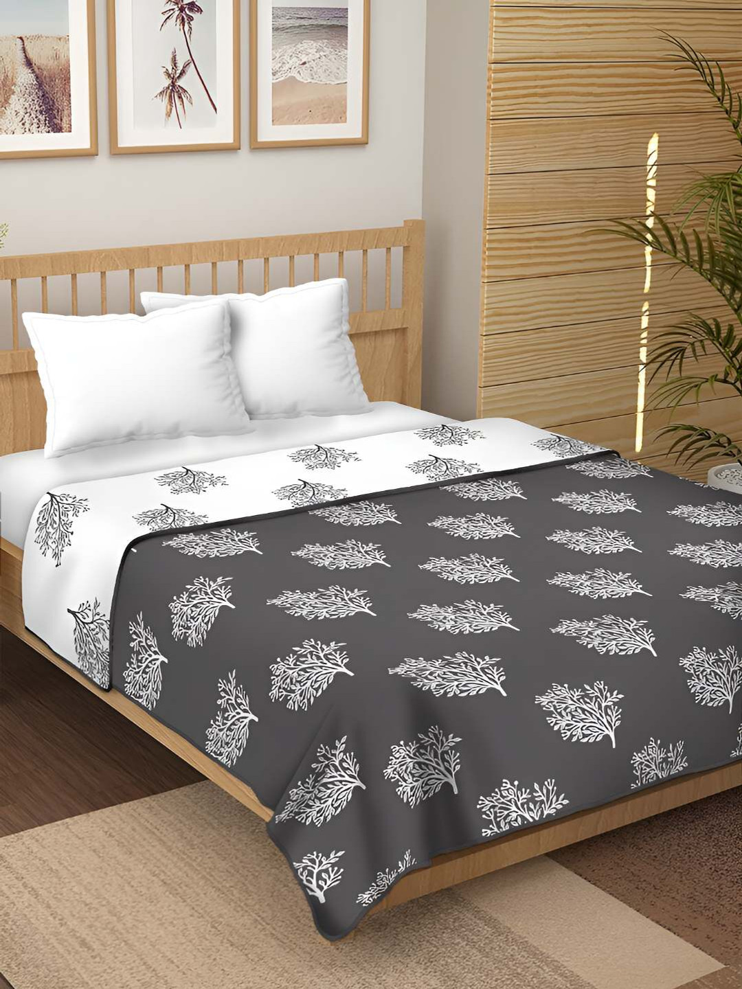 tundwal's Charcoal & White Printed Reversible Cotton AC Room 210 GSM Double Bed Dohar