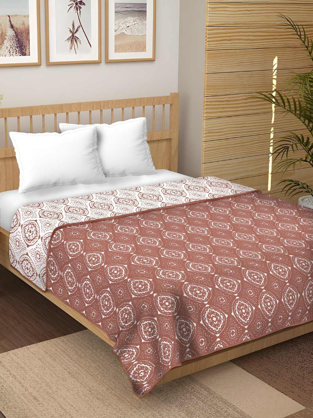 tundwal's Rust & White Floral Printed Reversible Cotton AC Room 210 GSM Single Bed Dohar