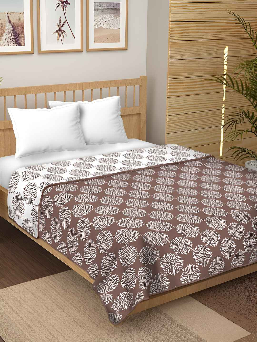 tundwal's Coffee Brown & White Printed Reversible Cotton AC Room 210 GSM Single Bed Dohar