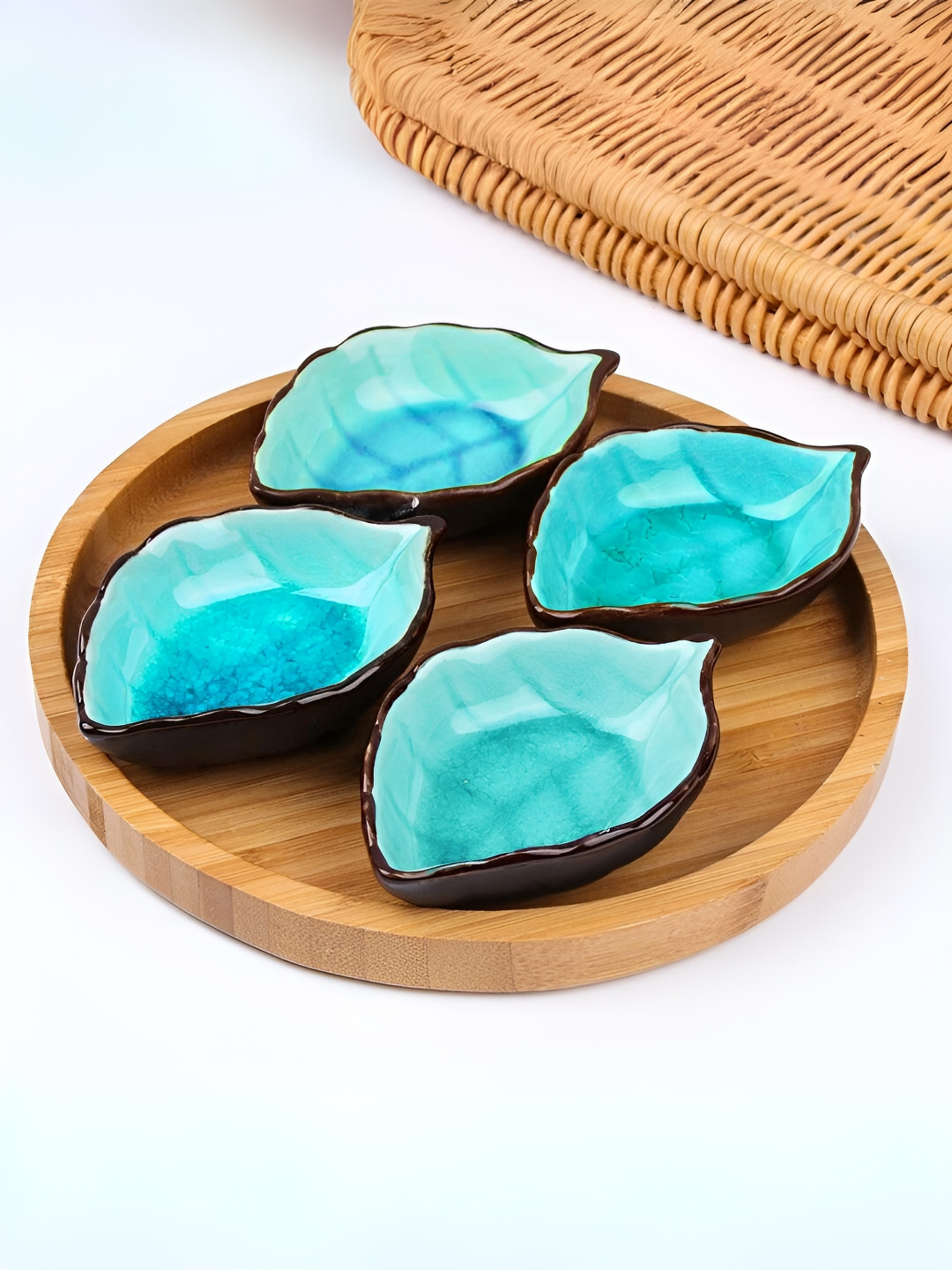 UniKart Turquoise Blue 10 Pieces Leaf Shaped Glossy Porcelain Dip Bowls