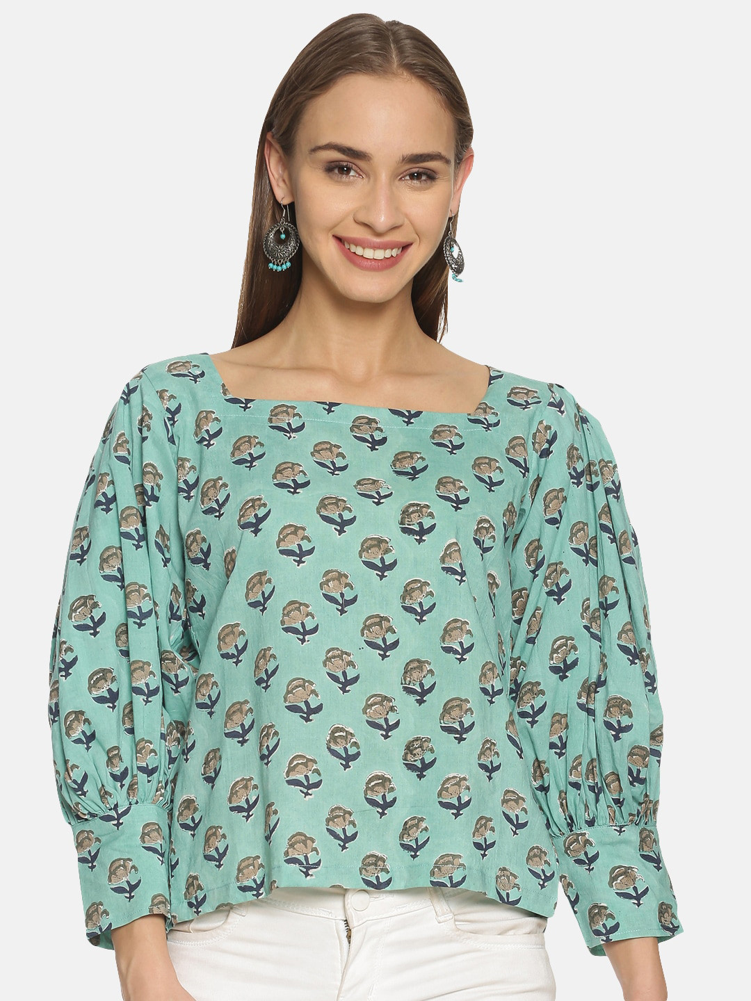 Weaves of Tradition Floral Printed Puff Sleeve Cotton Box Top