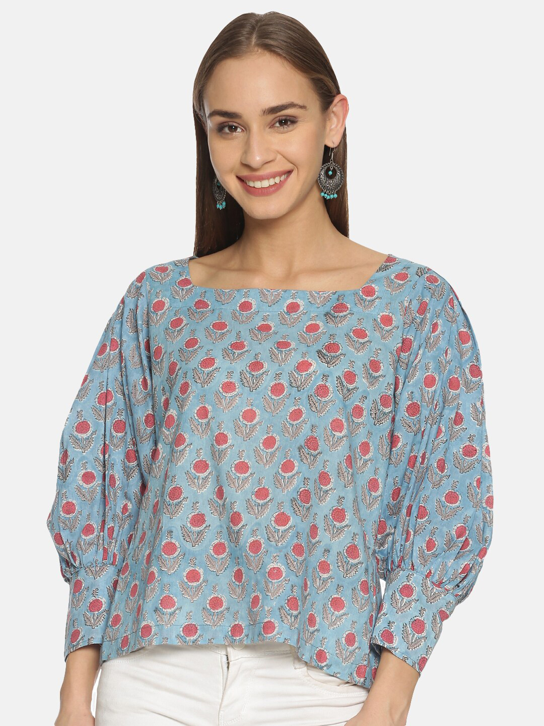 Weaves of Tradition Floral Printed Square Neck Puff Sleeve Cotton Box Top