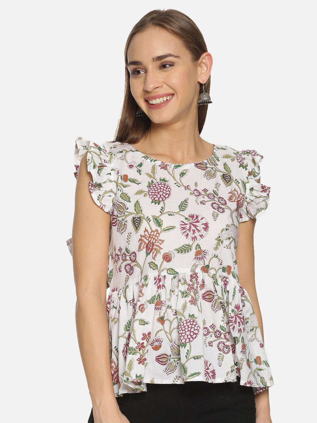 Weaves of Tradition Floral Printed Flutter Sleeves Cotton Peplum Top