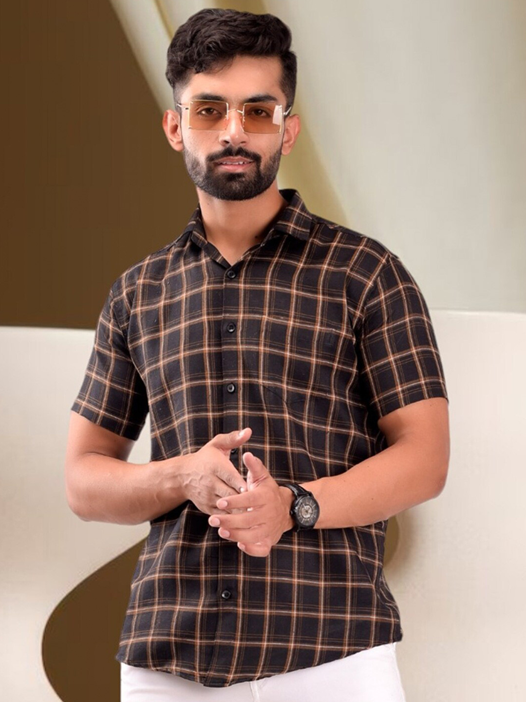 BASE 41 Men Slim Fit Windowpane Checks Opaque Checked Casual Shirt