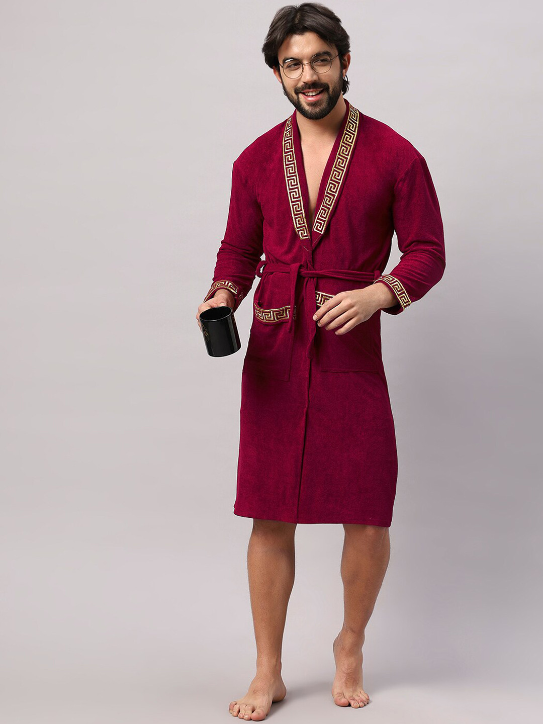 LacyLook Maroon Solid Terrycloth Drawstring Knee Length Bath Robe-S