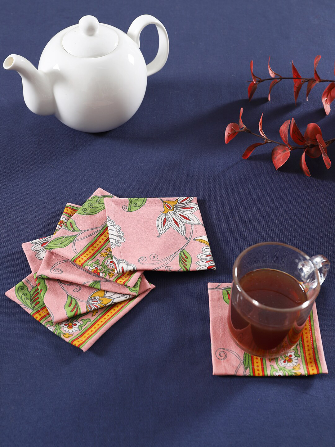 Ratan Cart Pink & White 6 Pieces Printed Cotton Coasters