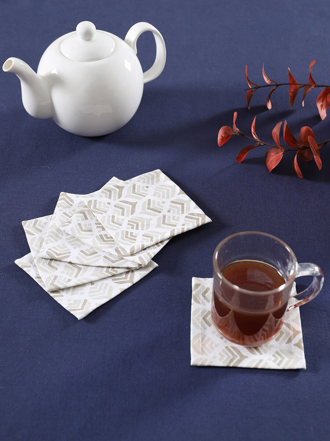 Ratan Cart Beige & White 6 Pieces Printed Cotton Coasters